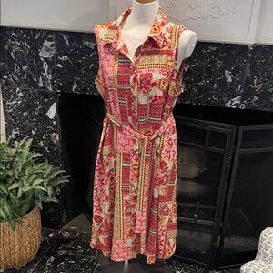 Tacera Pink Patchwork Print Sleeveless Belted Midi Dress